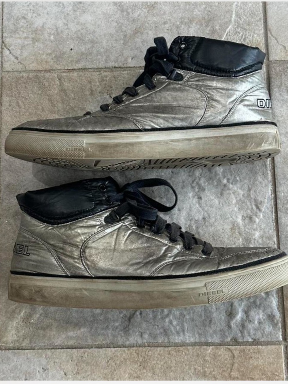 Sold! Diesel Metallic Silver and Black High-Top Sneakers